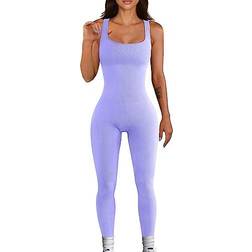 OQQ Women's Yoga Ribbed One Piece Sleeveless Jumpsuits - Purple