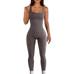 OQQ Women's Yoga Ribbed One Piece Sleeveless Jumpsuits - Tea Leaf