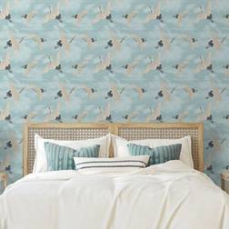 Muriva Oriental Japanese Birds Cranes Duckegg Blue White Metallic Silver Wallpaper