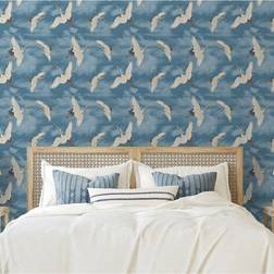 Muriva Oriental Japanese Birds Cranes Sky Blue White Metallic Silver Wallpaper