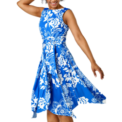 Roman Petite Tie Waist Floral Stretch Dress - Blue