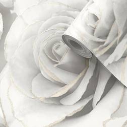 Muriva Madison Rose Floral Bloom White Flowers Silver Glitter Shimmer Feature Wallpaper