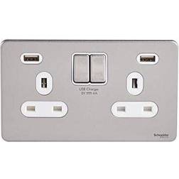 Schneider USFP 2G Switched Socket Double Pole 2x USB 4A White Insert Stainless Steel GGBGU3424DWSS