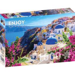 Enjoy Santorini View with Flowers 1000 Pieces