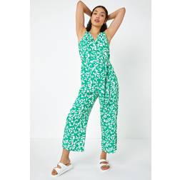 Dusk Sleeveless Leaf Print Button Jumpsuit