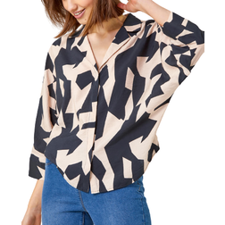 Roman Abstract Print Collared Blouse - Black