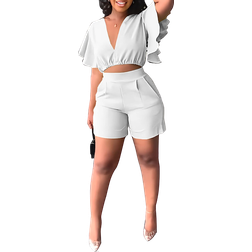 Acelyn Ruffle Short Sleeve Deep V Neck Shorts Set - White