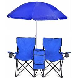 GoTeam Portable Double Folding Chair w/Removable Umbrella, Cooler Bag and Carry Case Blue