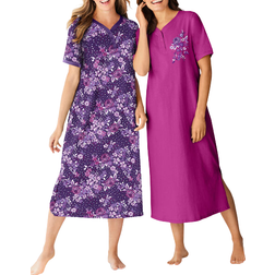 Dreams & Co Women's Long Henley Sleepshirt 2-pack Plus Size - Rich Violet Flowers