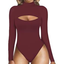 Mangopop Womens Sexy Cutout Front T-shirt Long Sleeve Short Sleeve Bodysuit Jumpsuits - Burgundy