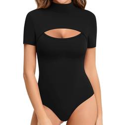 Mangopop Women Mock Neck Cutout Front Short Sleeve Bodysuit - Black