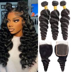 Releek 4X4 Lace Closure Loose Wave Bundles 3-pack