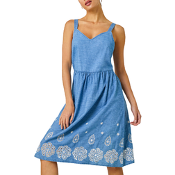 Roman Sleeveless Cotton Embroidered Midi Dress - Denim
