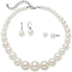 PalmBeach jewelry simulated pearl silvertone necklace and 2-pair earrings set