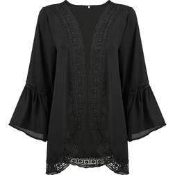 Flared Bell Sleeve Lace-Trimmed Kimono BLACK