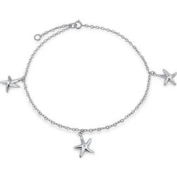 Bling Jewelry 3 Trio Multi Starfish Charm Anklet Link Ankle Bracelet - Silver/Transparent