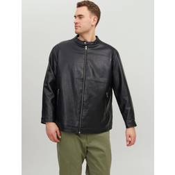 Jack & Jones Plus Size Leather Look Biker Jacket Black