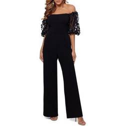 Xscape Floral-Sleeve Off-The-Shoulder Jumpsuit Black Black