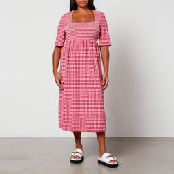 Ganni Smocked Checked Seersucker Dress - Red