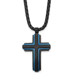 Harmony Mens Stainless Steel Blue and Black Cross Necklace with Chain