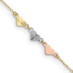 Primal Gold Karat Tri-Color Diamond-cut Hearts 9-inch Plus 1-inch Extension Anklet