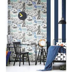 Noordwand Wallpaper Friends & Coffee Graffity Print Grey and Blue