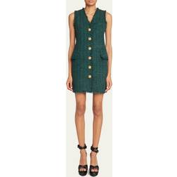 Balmain V-hals Tweed Kjole Med Knapper - Grøn