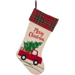 GlitzHome 21" Embroidered Red Truck Linen Christmas Stocking