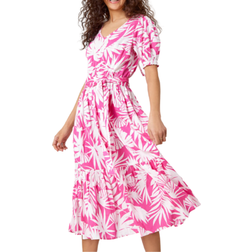 Roman Cotton Floral Print Tiered Midi Dress - Fuchsia
