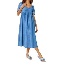 Roman Cotton Embroidered Denim Midi Dress - Light Denim