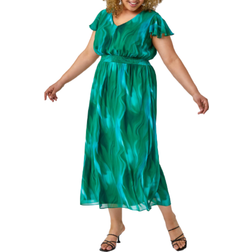 Roman Curve Abstract Shirred Maxi Dress - Green