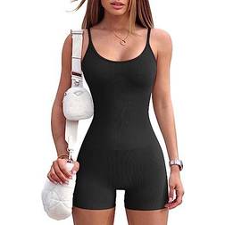 OQQ Women's Yoga Rompers One Piece Ribbed Spaghetti Strap Exercise Romper - Black