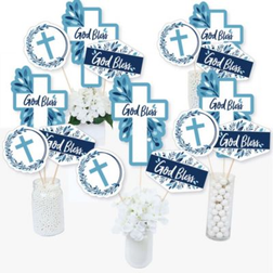 Big Dot of Happiness Blue elegant cross boy religious centerpiece sticks table toppers -set 15