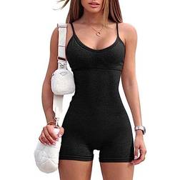 OQQ Women's Yoga Rompers Sexy One Piece Spaghetti Strap Tummy Control Padded Romper - Black