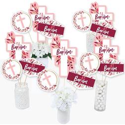 Big Dot of Happiness Baptism pink elegant cross centerpiece sticks table toppers set 15