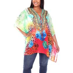 White Mark Short Caftan with Tie-Up Neckline Plus Size - Red Cheetah