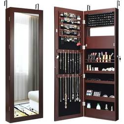 Costway Wall Door Mounted Mirror Jewelry Cabinet Organizer Brown Brown