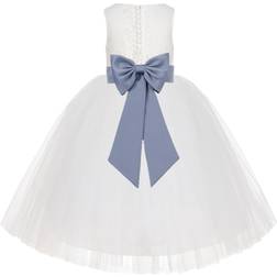 Ekidsbridal Junior Floral Lace Flower Girl Christening Baptism Dress - Ivory/Dusty Blue