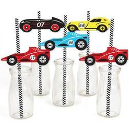 Big Dot of Happiness Let's go racing racecar paper straw decor striped decor straws 24 ct