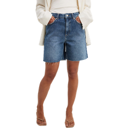 NA-KD High Waist Raw Hem Denim Shorts - Blue