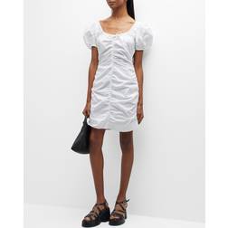 Ganni Cotton Poplin Gathered U-Neck Mini Dress - Bright White