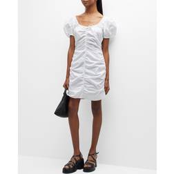 Ganni Poplin Gathered U-Neck Mini Dress - Bright White