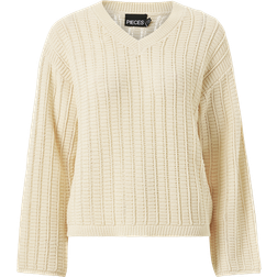 Pieces Tröja pcJesca LS V-neck Knit Beige