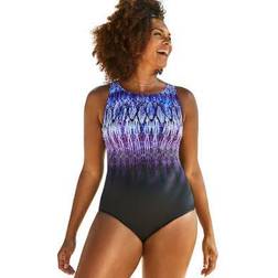 Swimsuits For All Plus Women's Chlorine Resistant High Neck One Piece in Purple Aztec Size 12