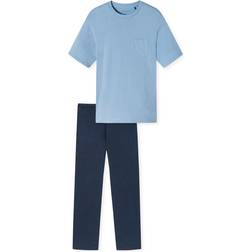 Schiesser Essentials Nightwear Pajamas Long Sleeve Breast Pocket Circles - Light Blue