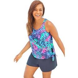 Plus Women's 2-Piece Blouson Swim Set by Swim 365 in Multi Palm Leaf Print Size 22