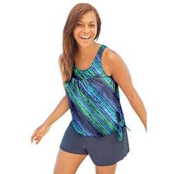 Plus Women's 2-Piece Blouson Swim Set by Swim 365 in Teal Diagonal Stripe Size 20