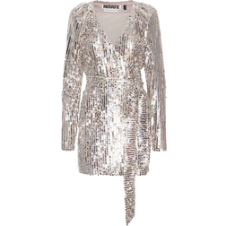 ROTATE Birger Christensen Sequin Wide Shoulder Wrap Dress - Silver