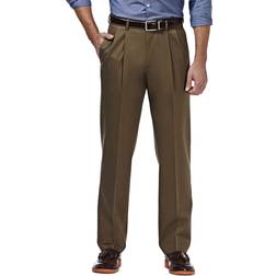 Haggar Premium No Iron Classic Fit Pleated Khakis, 34, Brown Brown