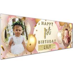 Garlands Happy Birthday Personalised Photo Banners Pink Gold 2x3ft